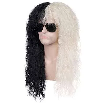 PATTNIUM 80s Curly Black White Wig for Cosplay & Parties