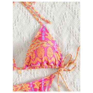 WDIRARA Women's 2 Piece Floral Print Swimsuits Geometric Halter String Triangle Bikini Set Beach Bathing Suit Pink Yellow Multi Large