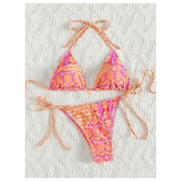 WDIRARA Women's 2 Piece Floral Print Swimsuits Geometric Halter String Triangle Bikini Set Beach Bathing Suit Pink Yellow Multi Large