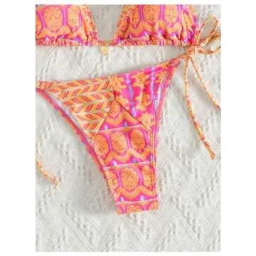 WDIRARA Women's 2 Piece Floral Print Swimsuits Geometric Halter String Triangle Bikini Set Beach Bathing Suit Pink Yellow Multi Large