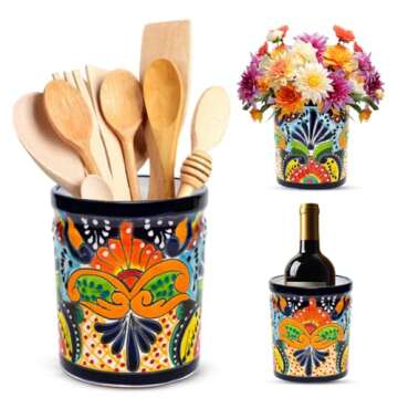 Utensil Holder For Counter Extra Large Utensil Crock, Mexican Talavera Pottery Kitchen Utensil Holder, Ceramic Utensil Holder Mexico Decor for Home Spatula Holder, Spoon Holder, Mexican Vase
