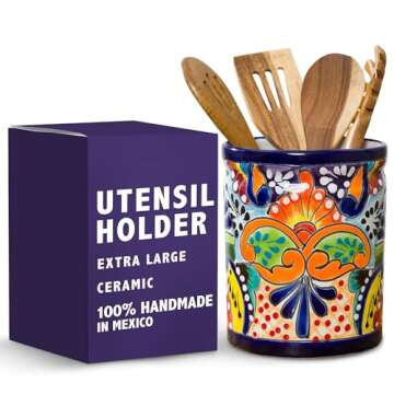 Utensil Holder For Counter Extra Large Utensil Crock, Mexican Talavera Pottery Kitchen Utensil Holder, Ceramic Utensil Holder Mexico Decor for Home Spatula Holder, Spoon Holder, Mexican Vase