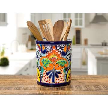 Utensil Holder For Counter Extra Large Utensil Crock, Mexican Talavera Pottery Kitchen Utensil Holder, Ceramic Utensil Holder Mexico Decor for Home Spatula Holder, Spoon Holder, Mexican Vase
