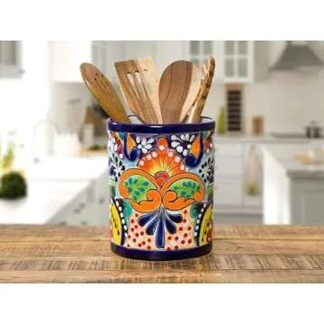 Utensil Holder For Counter Extra Large Utensil Crock, Mexican Talavera Pottery Kitchen Utensil Holder, Ceramic Utensil Holder Mexico Decor for Home Spatula Holder, Spoon Holder, Mexican Vase