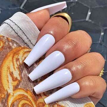 Outyua Coffin Fake Nails Glossy Press on Nails Ballerina Acrylic Super Long False Nails Designer Full Cover Nails with design for Women and Girls 24Pcs (White)