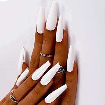 Outyua Coffin Fake Nails Glossy Press on Nails Ballerina Acrylic Super Long False Nails Designer Full Cover Nails with design for Women and Girls 24Pcs (White)
