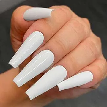 Outyua Coffin Fake Nails Glossy Press on Nails Ballerina Acrylic Super Long False Nails Designer Full Cover Nails with design for Women and Girls 24Pcs (White)