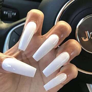 Outyua Coffin Fake Nails Glossy Press on Nails Ballerina Acrylic Super Long False Nails Designer Full Cover Nails with design for Women and Girls 24Pcs (White)