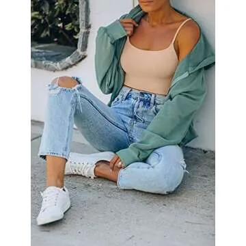 REORIA Women's Summer Sexy Sleeveless Adjustable Spaghetti Strap Cami Camisole Basic Fitted Seamless Yoga Cropped Tank Cute Crop Tops Nude Medium