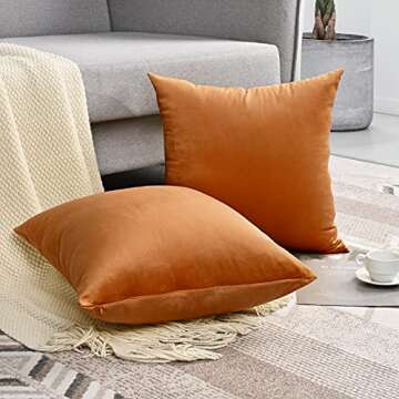 Yastouay 2 Pack Throw Pillow Covers, Orange Decorative Pillow Covers, Solid Sofa Pillows, Soft Velvet Pillow Case, Square Accent Cushion Covers for Sofa Couch Bed Chair, 18 x 18 Inches