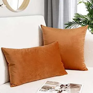 Yastouay 2 Pack Throw Pillow Covers, Orange Decorative Pillow Covers, Solid Sofa Pillows, Soft Velvet Pillow Case, Square Accent Cushion Covers for Sofa Couch Bed Chair, 18 x 18 Inches