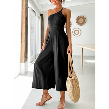 ANRABESS Women's Summer Straps One Shoulder High Waist Dressy Casual Wide Leg Linen Jumpsuit Romper Beach Travel Outfits Black Large