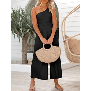 ANRABESS Women's Summer Straps One Shoulder High Waist Dressy Casual Wide Leg Linen Jumpsuit Romper Beach Travel Outfits Black Large