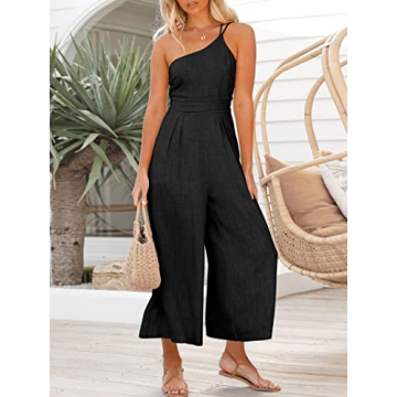 ANRABESS Women's Summer Straps One Shoulder High Waist Dressy Casual Wide Leg Linen Jumpsuit Romper Beach Travel Outfits Black Large
