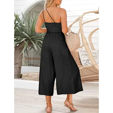 ANRABESS Women's Summer Straps One Shoulder High Waist Dressy Casual Wide Leg Linen Jumpsuit Romper Beach Travel Outfits Black Large