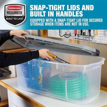 Rubbermaid Roughneck Clear 95 Qt/23.75 Gal Storage Containers, Pack of 4 with Latching Grey Lids, Visible Base, Sturdy and Stackable, Great for Storage and Organization