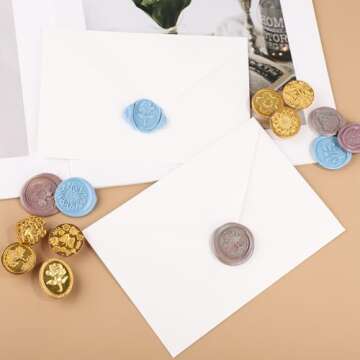 Wax Seal Stamp Set, 10pcs Sealing Wax Stamp Heads with a Wooden Handle Sealing Wax Stamp Kit with Various Patterns for Letter Encapsulation Greeting Cards Presents Decoration Items(Gold)