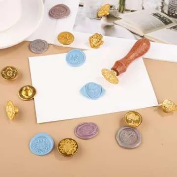 Wax Seal Stamp Set, 10pcs Sealing Wax Stamp Heads with a Wooden Handle Sealing Wax Stamp Kit with Various Patterns for Letter Encapsulation Greeting Cards Presents Decoration Items(Gold)
