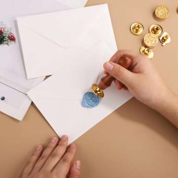 Wax Seal Stamp Set, 10pcs Sealing Wax Stamp Heads with a Wooden Handle Sealing Wax Stamp Kit with Various Patterns for Letter Encapsulation Greeting Cards Presents Decoration Items(Gold)