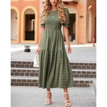 Dowerme Women Summer Casual Dresses 2025 Ruffle Short Sleeve Crewneck Smocked Flowy Boho Long Dress ...