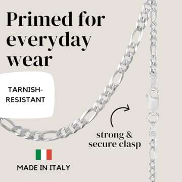 KISPER Solid 925 Sterling Silver Italian 3mm Diamond-Cut Figaro Link Chain Necklace - for Men & Women with Lobster Clasp - Made in Italy, 16"", MJ925FIGS0316