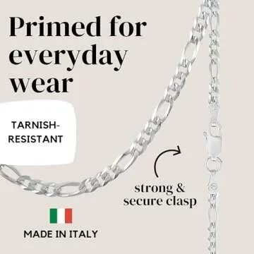 KISPER Solid 925 Sterling Silver Italian 3mm Diamond-Cut Figaro Link Chain Necklace - for Men & Women with Lobster Clasp - Made in Italy, 16"", MJ925FIGS0316
