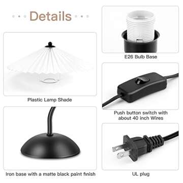 LIFEGOO Bedside Table Lamp, Modern Pleated Lamp Pleated Nightstand Lamp with White PVC Lampshade for Bedroom Living Room, Kid Room, Student Dorm, Study, Cafe, Restaurant