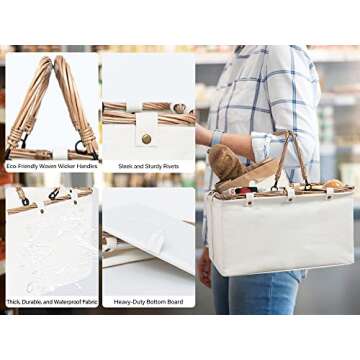 StorageWorks 20L Storage Baskets for Bathroom Organizing, Shopping Basket with Wicker Handles, Collapsible Picnic Basket, Ivory White, 15”L x 10 ¼”W x 8 ¼”H