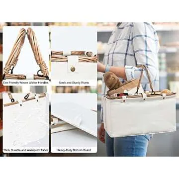 StorageWorks 20L Storage Baskets for Bathroom Organizing, Shopping Basket with Wicker Handles, Collapsible Picnic Basket, Ivory White, 15”L x 10 ¼”W x 8 ¼”H