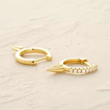 MYEARS Women Gold Huggie Hoop Spike Earrings Ear Stud Cuff Cubic Zirconia 14K Gold Plated Small Simple Minimalist Hypoallergenic Everyday Jewelry