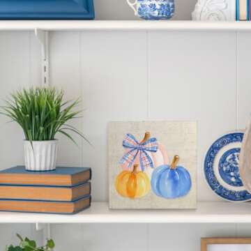 Absnfatu Fall Decor, Coquette Preppy Pink Orange Blue Pumpkin Plaid Bow Wooden Box Sign, Preppy Fall Decor, Grandmillenial Home Decor, Fall Decorations for Home Office Desk Table Shelf Decor, 5x5 Inch