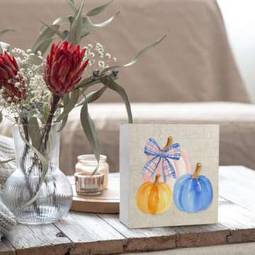 Absnfatu Fall Decor, Coquette Preppy Pink Orange Blue Pumpkin Plaid Bow Wooden Box Sign, Preppy Fall Decor, Grandmillenial Home Decor, Fall Decorations for Home Office Desk Table Shelf Decor, 5x5 Inch