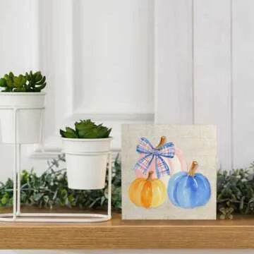 Absnfatu Fall Decor Pumpkin Plaid Wooden Box Sign