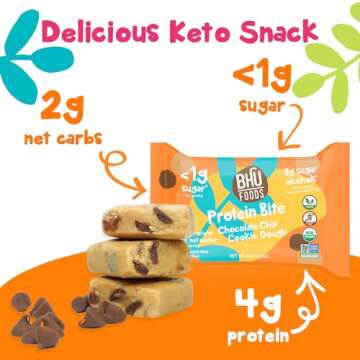 Bhu Foods Keto Bites, Chocolate Chip Cookie Dough, Organic Snacks for Adults & Kids, Gluten Free, Vegan, Low Carb & Sugar, Individually Wrapped (1 Pack)