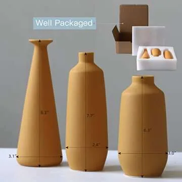Abbittar Ceramic Vase Set of 3, Minimalistic Style Flower Vase for Rustic Home Decor, Modern Farmhouse Decor, Living Room, Shelf, Table, Bookshelf, Mantel and Entryway - Orange/Yellow