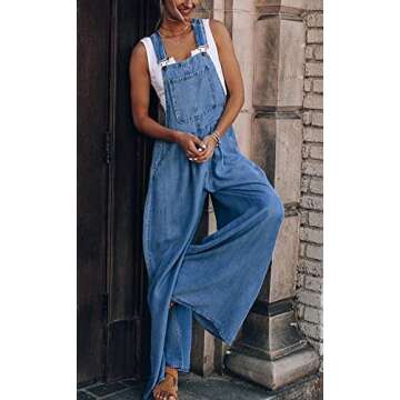 chouyatou Women's Loose Adjustable Strap Wide Leg Denim Bib Overall Jeans Pants (X-Large, Blue)