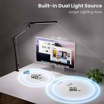 AmazLit Desk Lamp with Clamp, Eye-Care Swing Arm Desk Lamp, Stepless Dimming & Adjustable Color Temperature Modern Architect Lamp with Memory & Timing Function for Study, Work, Home, Office, 12W