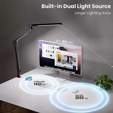 AmazLit Desk Lamp with Clamp, Eye-Care Swing Arm Desk Lamp, Stepless Dimming & Adjustable Color Temperature Modern Architect Lamp with Memory & Timing Function for Study, Work, Home, Office, 12W