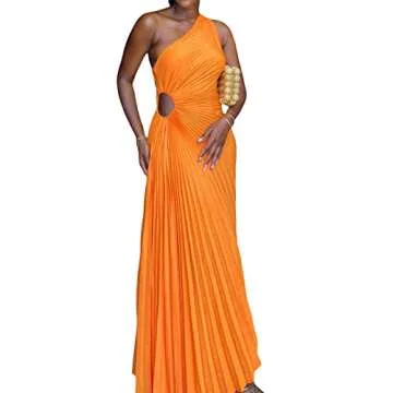 Geogenry Women's Elegant Maxi Dress Sexy One Shoulder Cut Out Pleated Bodycon Long Dress for Cocktail Formal Party (Orange, L)