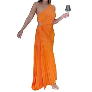 Geogenry Women's Elegant Maxi Dress Sexy One Shoulder Cut Out Pleated Bodycon Long Dress for Cocktail Formal Party (Orange, L)