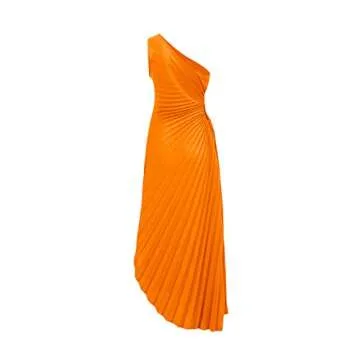 Geogenry Women's Elegant Maxi Dress Sexy One Shoulder Cut Out Pleated Bodycon Long Dress for Cocktail Formal Party (Orange, L)