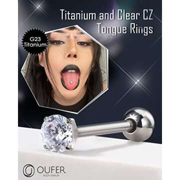 OUFER 14G Tongue Rings, Shiny Clear CZ Tongue Barbells, G23 Solid Titanium Tongue Piercing Jewelry, ...