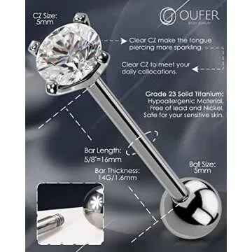 OUFER 14G Tongue Rings - Stylish CZ Titanium Piercings