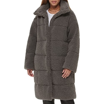 Levi's Women's Long Length Patchwork Quilted Teddy Coat, Carbon Grey - Cozy & Stylish Winter Essenti...