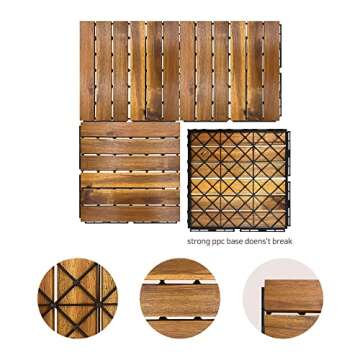 Acacia Hardwood Interlocking Deck Tiles - Oak Straight - 12"×12" 9pcs - Floor Tiles for Patio and Deck Use Natural Wood Outdoor Decking and Flooring, Rain and Weather Resistant, Heavy Duty