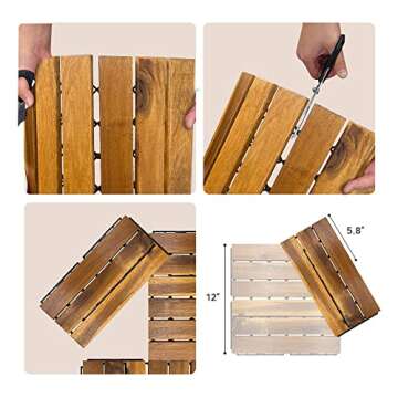 Acacia Hardwood Interlocking Deck Tiles - Oak Straight - 12"×12" 9pcs - Floor Tiles for Patio and Deck Use Natural Wood Outdoor Decking and Flooring, Rain and Weather Resistant, Heavy Duty