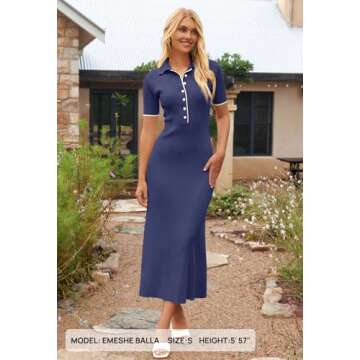 MEROKEETY Women's V Neck Ribbed Knit Maxi Dress Button Short Sleeve Slim Fit Bodycon Sweater Dress, Navy, X-Large