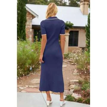 MEROKEETY Women's V Neck Ribbed Knit Maxi Dress Button Short Sleeve Slim Fit Bodycon Sweater Dress, Navy, X-Large