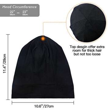 Silky Satin Lined Bonnet Sleep Cap - Adjustable Stay on All Night Hair Wrap Cover Slouchy Beanie for Curly Protection Women and Men Solid Black