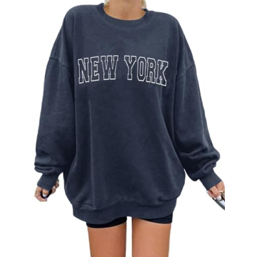 Langwyqu Womens' New York Letter Print Oversized Crewneck Pullover